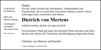 Traueranzeige von Dietrich von Mertens  von Magdeburger Volksstimme
