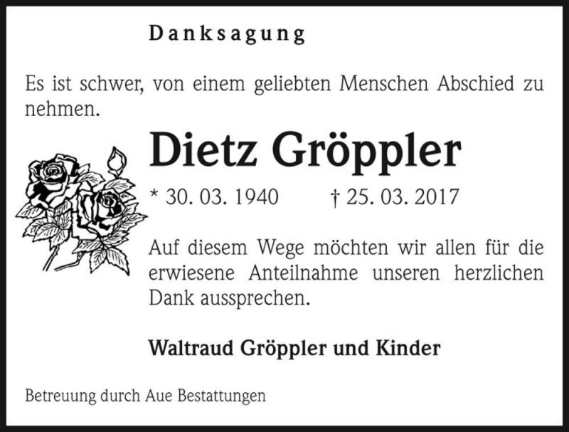 Traueranzeige für Dietz Gröppler  vom 22.04.2017 aus Magdeburger Volksstimme