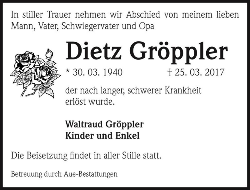  Traueranzeige für Dietz Gröppler  vom 01.04.2017 aus Magdeburger Volksstimme