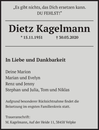 Traueranzeige von Dietz Kagelmann  von Magdeburger Volksstimme