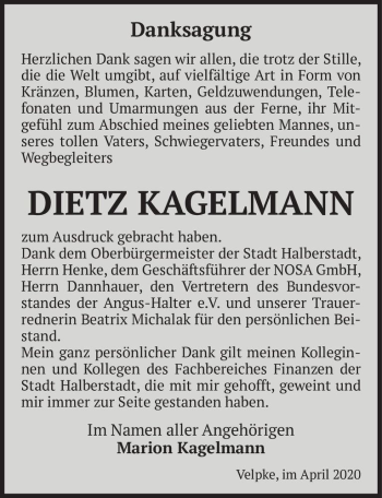 Traueranzeige von Dietz Kagelmann  von Magdeburger Volksstimme