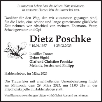 Traueranzeige von Dietz Poschke  von Magdeburger Volksstimme