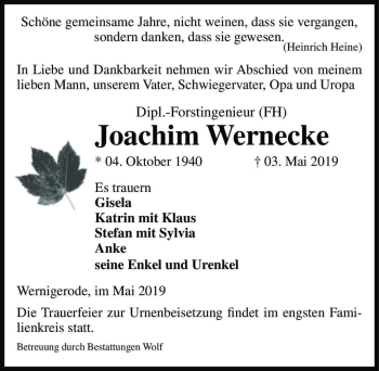 Traueranzeige von Dipl.-Forstingenieur (FH) Joachim Wernecke  von Magdeburger Volksstimme