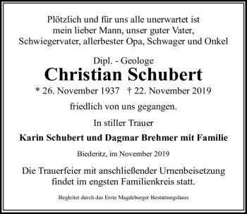 Traueranzeige von Dipl.-Geologe Christian Schubert  von Magdeburger Volksstimme