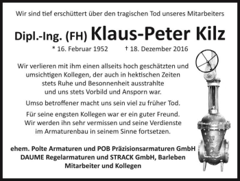 Traueranzeige von Dipl.-Ing. (FH) Klaus-Peter Kilz  von Magdeburger Volksstimme