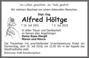 Traueranzeige von Dipl.-Ing. Alfred Höltge  von Magdeburger Volksstimme