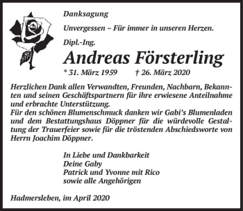 Traueranzeige von Dipl.-Ing. Andreas Försterling  von Magdeburger Volksstimme