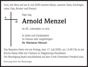 Traueranzeige von Dipl.-Ing. Arnold Menzel  von Magdeburger Volksstimme