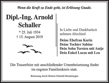 Traueranzeige von Dipl.-Ing. Arnold Schaller  von Magdeburger Volksstimme