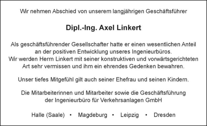  Traueranzeige für Dipl.-Ing. Axel Linkert  vom 07.11.2015 aus Magdeburger Volksstimme