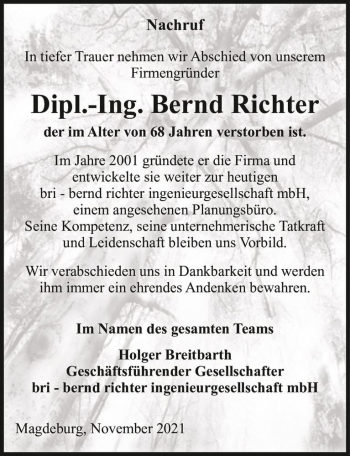 Traueranzeige von Dipl.-Ing. Bernd Richter  von Magdeburger Volksstimme