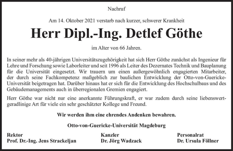  Traueranzeige für Dipl.-Ing. Detlef Göthe  vom 30.10.2021 aus Magdeburger Volksstimme
