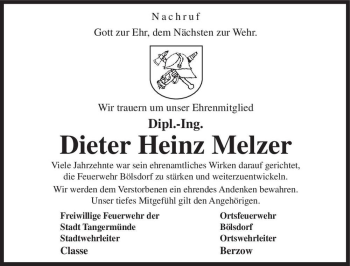 Traueranzeige von Dipl.-Ing. Dieter Heinz Melzer  von Magdeburger Volksstimme