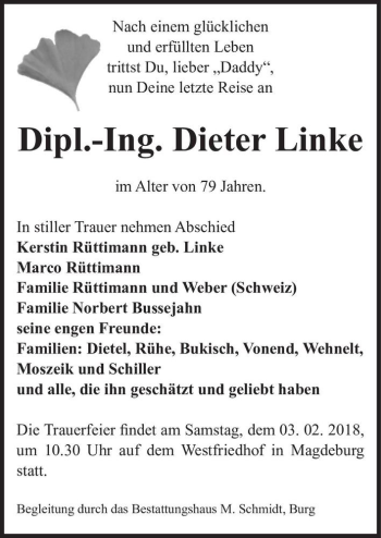 Traueranzeige von Dipl.-Ing. Dieter Linke  von Magdeburger Volksstimme