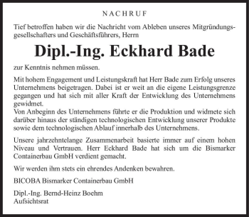 Traueranzeige von Dipl.-Ing. Eckhard Bade  von Magdeburger Volksstimme