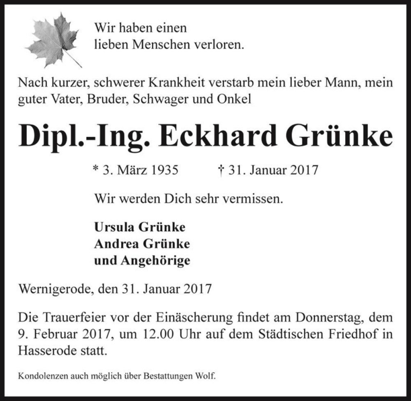  Traueranzeige für Dipl.-Ing. Eckhard Grünke  vom 04.02.2017 aus Magdeburger Volksstimme