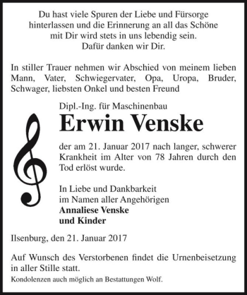 Traueranzeige von Dipl.-Ing. Erwin Venske  von Magdeburger Volksstimme