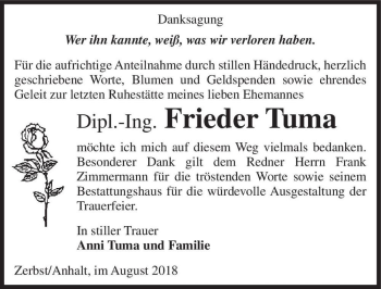 Traueranzeige von Dipl.-Ing. Frieder Tuma  von Magdeburger Volksstimme