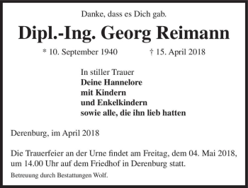 Traueranzeige von Dipl.-Ing. Georg Reimann  von Magdeburger Volksstimme
