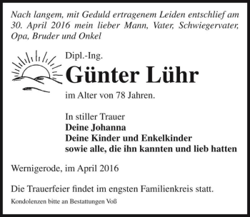 Traueranzeige von Dipl.-Ing. Günter Lühr  von Magdeburger Volksstimme