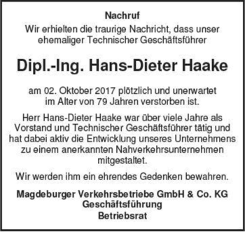 Traueranzeige von Dipl.-Ing. Hans-Dieter Haake  von Magdeburger Volksstimme