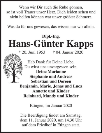 Traueranzeige von Dipl.-Ing. Hans-Günter Kapps  von Magdeburger Volksstimme