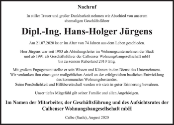 Traueranzeige von Dipl.-Ing. Hans-Holger Jürgens  von Magdeburger Volksstimme