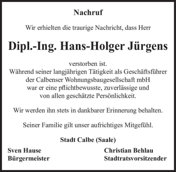 Traueranzeige von Dipl.-Ing. Hans-Holger Jürgens  von Magdeburger Volksstimme