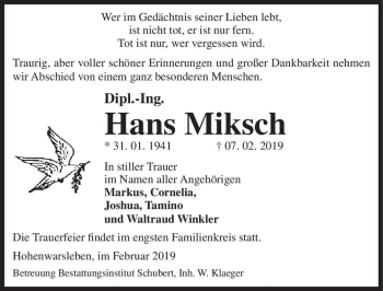 Traueranzeige von Dipl.-Ing. Hans Miksch  von Magdeburger Volksstimme