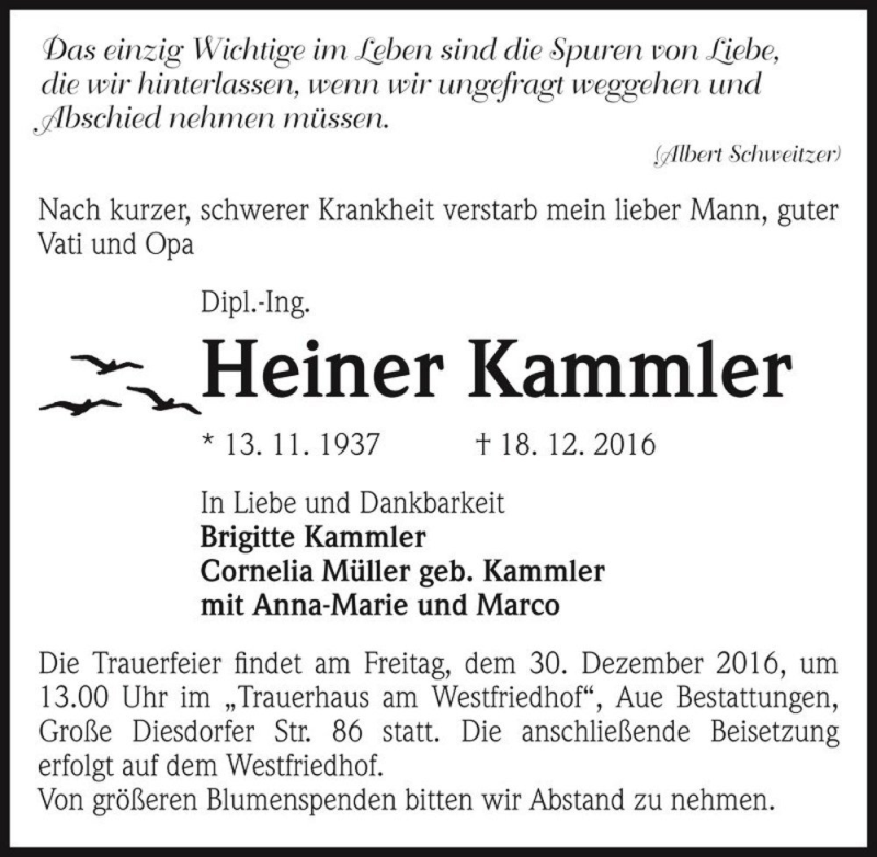  Traueranzeige für Dipl.-Ing. Heiner Kammler  vom 23.12.2016 aus Magdeburger Volksstimme