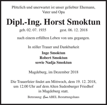 Traueranzeige von Dipl.-Ing. Horst Smoktun  von Magdeburger Volksstimme