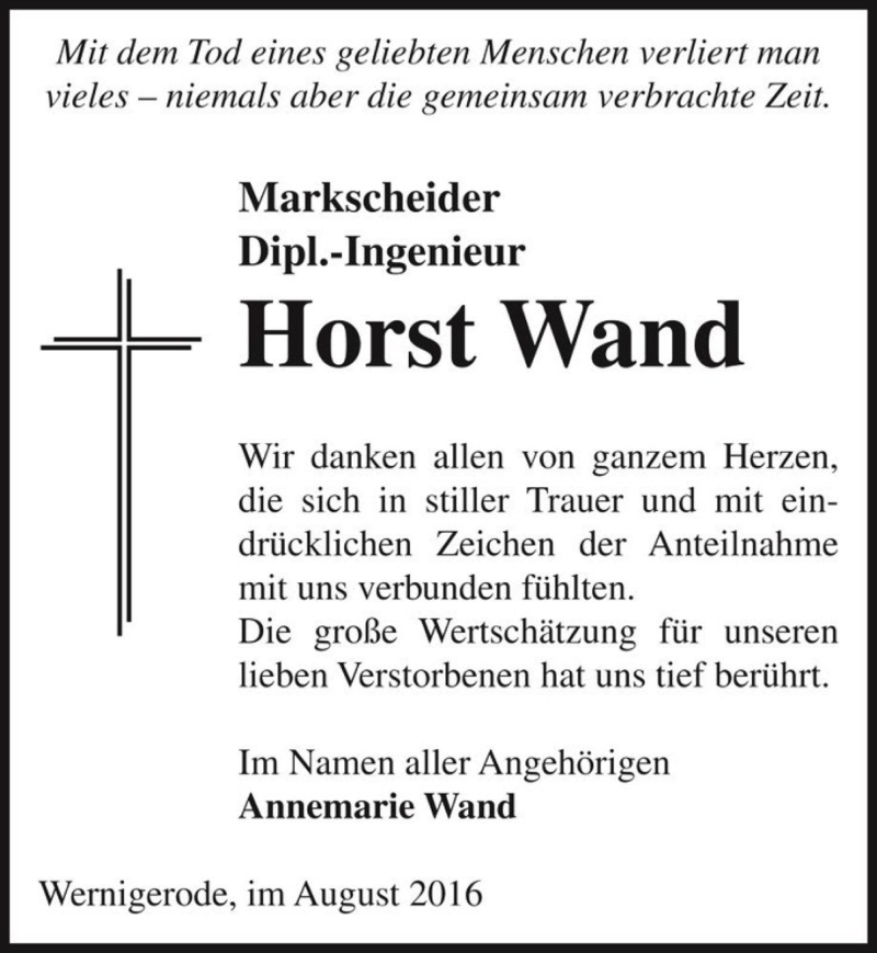  Traueranzeige für Dipl.-Ing. Horst Wand  vom 03.09.2016 aus Magdeburger Volksstimme