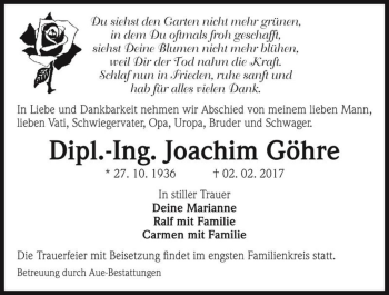 Traueranzeige von Dipl.-Ing. Joachim Göhre  von Magdeburger Volksstimme