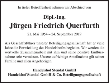 Traueranzeige von Dipl.-Ing. Jürgen Friedrich Querfurth  von Magdeburger Volksstimme
