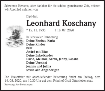 Traueranzeige von Dipl.-Ing. Leonhard Koschany  von Magdeburger Volksstimme