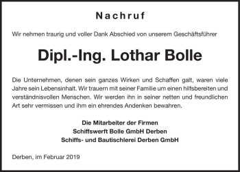 Traueranzeige von Dipl.-Ing. Lothar Bolle  von Magdeburger Volksstimme