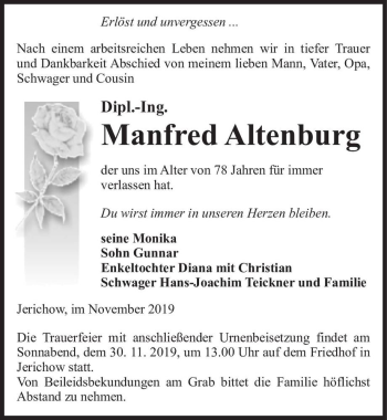 Traueranzeige von Dipl.-Ing. Manfred Altenburg  von Magdeburger Volksstimme