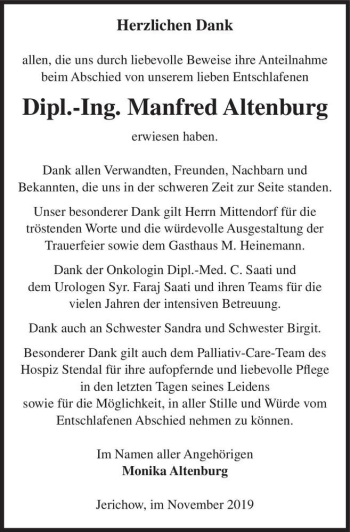 Traueranzeige von Dipl.-Ing. Manfred Altenburg  von Magdeburger Volksstimme