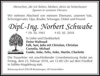 Traueranzeige von Dipl.-Ing. Norbert Schwabe  von Magdeburger Volksstimme