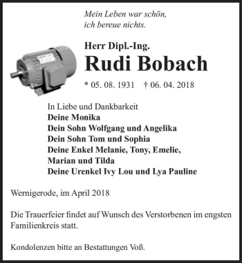 Traueranzeige von Dipl.-Ing. Rudi Bobach  von Magdeburger Volksstimme