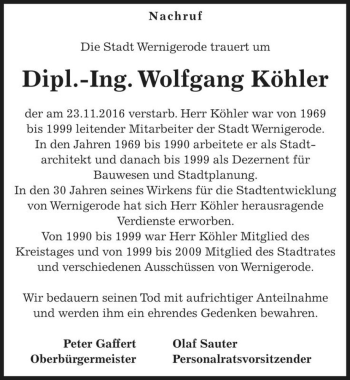 Traueranzeige von Dipl.-Ing. Wolfgang Köhler  von Magdeburger Volksstimme