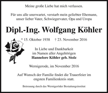 Traueranzeige von Dipl.-Ing. Wolfgang Köhler  von Magdeburger Volksstimme