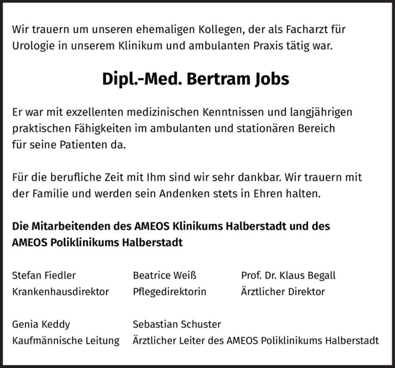  Traueranzeige für Dipl.-Med. Bertram Jobs  vom 23.01.2021 aus Magdeburger Volksstimme