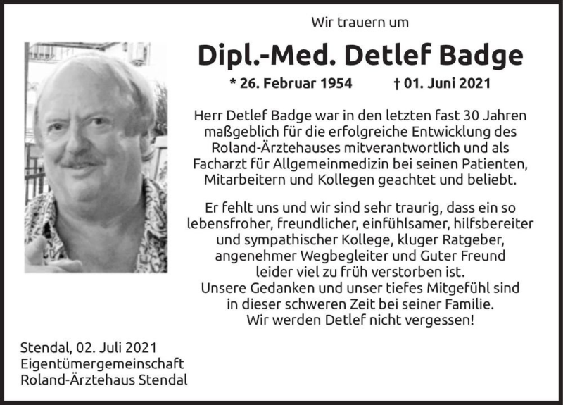 Traueranzeige für Dipl.-Med. Detlef Badge  vom 02.07.2021 aus Magdeburger Volksstimme