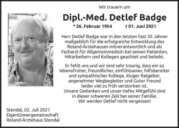 Traueranzeige von Dipl.-Med. Detlef Badge  von Magdeburger Volksstimme