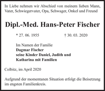 Traueranzeige von Dipl.-Med. Hans-Peter Fischer  von Magdeburger Volksstimme
