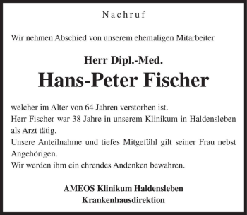Traueranzeige von Dipl.-Med. Hans-Peter Fischer  von Magdeburger Volksstimme