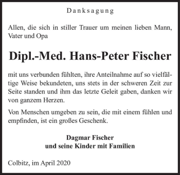 Traueranzeige von Dipl.-Med. Hans-Peter Fischer  von Magdeburger Volksstimme