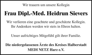 Traueranzeige von Dipl.-Med. Heidrun Sievers  von Magdeburger Volksstimme