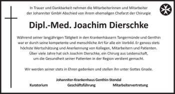 Traueranzeige von Dipl.-Med. Joachim Dierschke  von Magdeburger Volksstimme